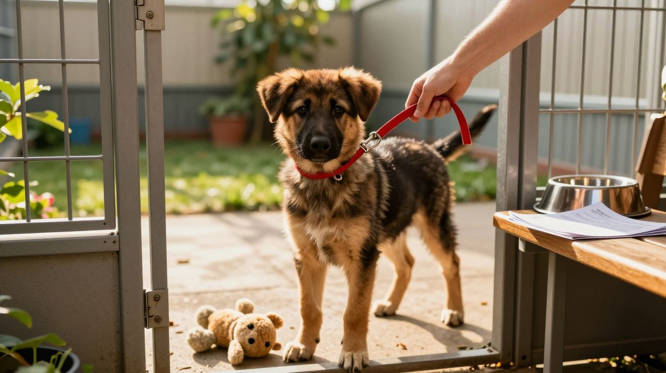 Cățel ciobănesc negru cu maro, în lesă roșie, stă lângă poartă deschisă; jucărie de pluș la picioare.