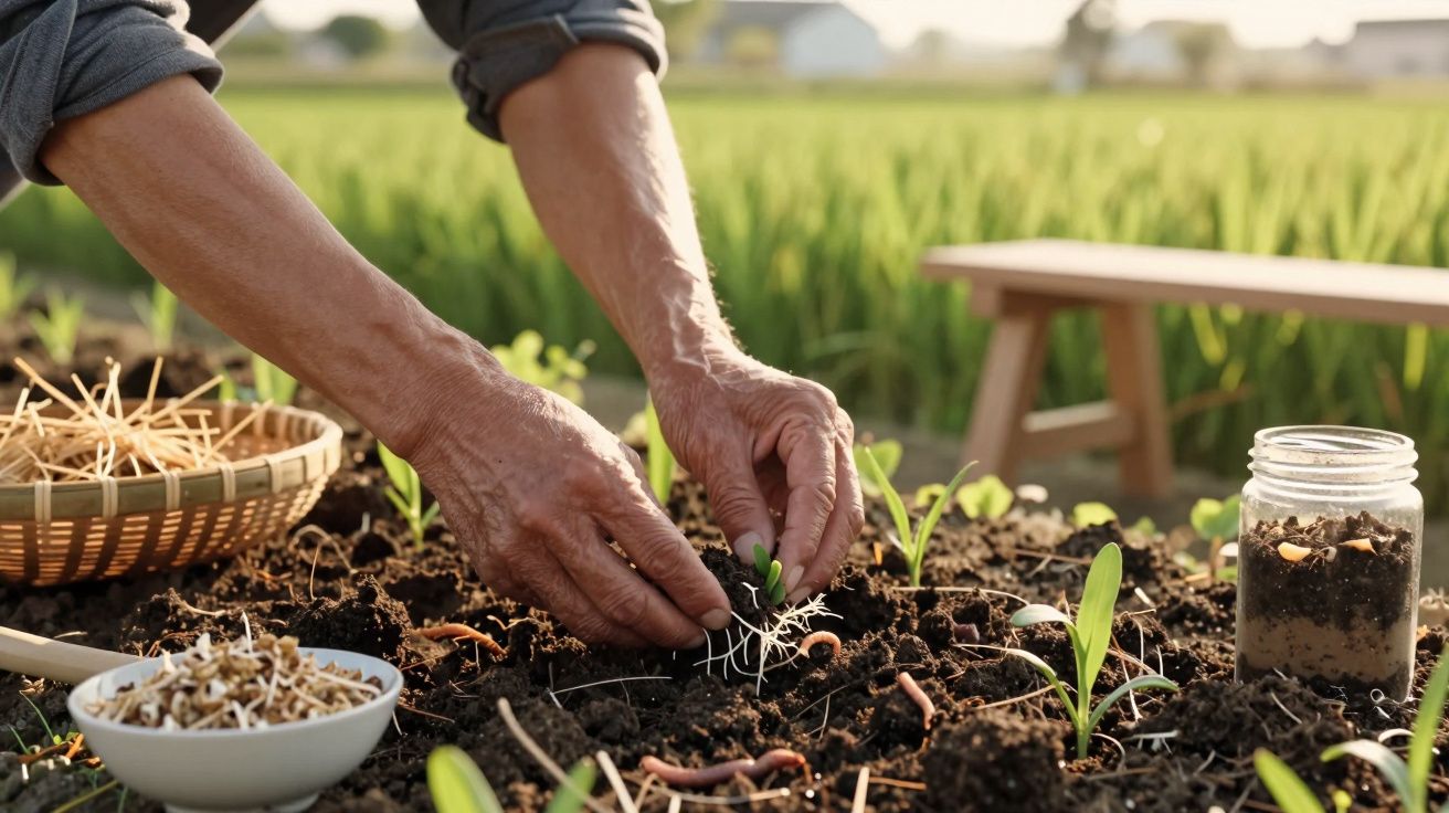Mâini plantând răsaduri într-o grădină, alături de un bol cu semințe și un borcan.