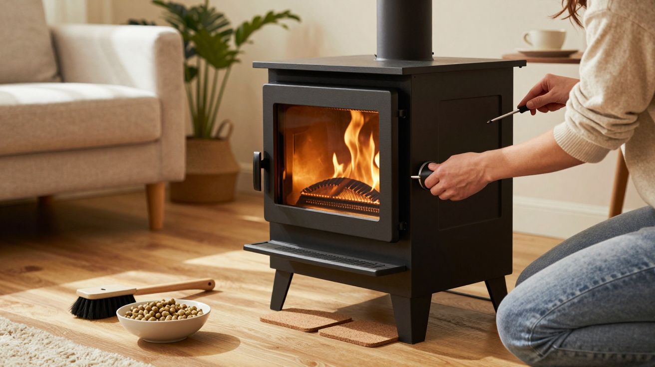 Femeie aprinzând un șemineu modern, cu flăcări vizibile, într-o cameră de zi confortabilă, cu plante și mobilier.