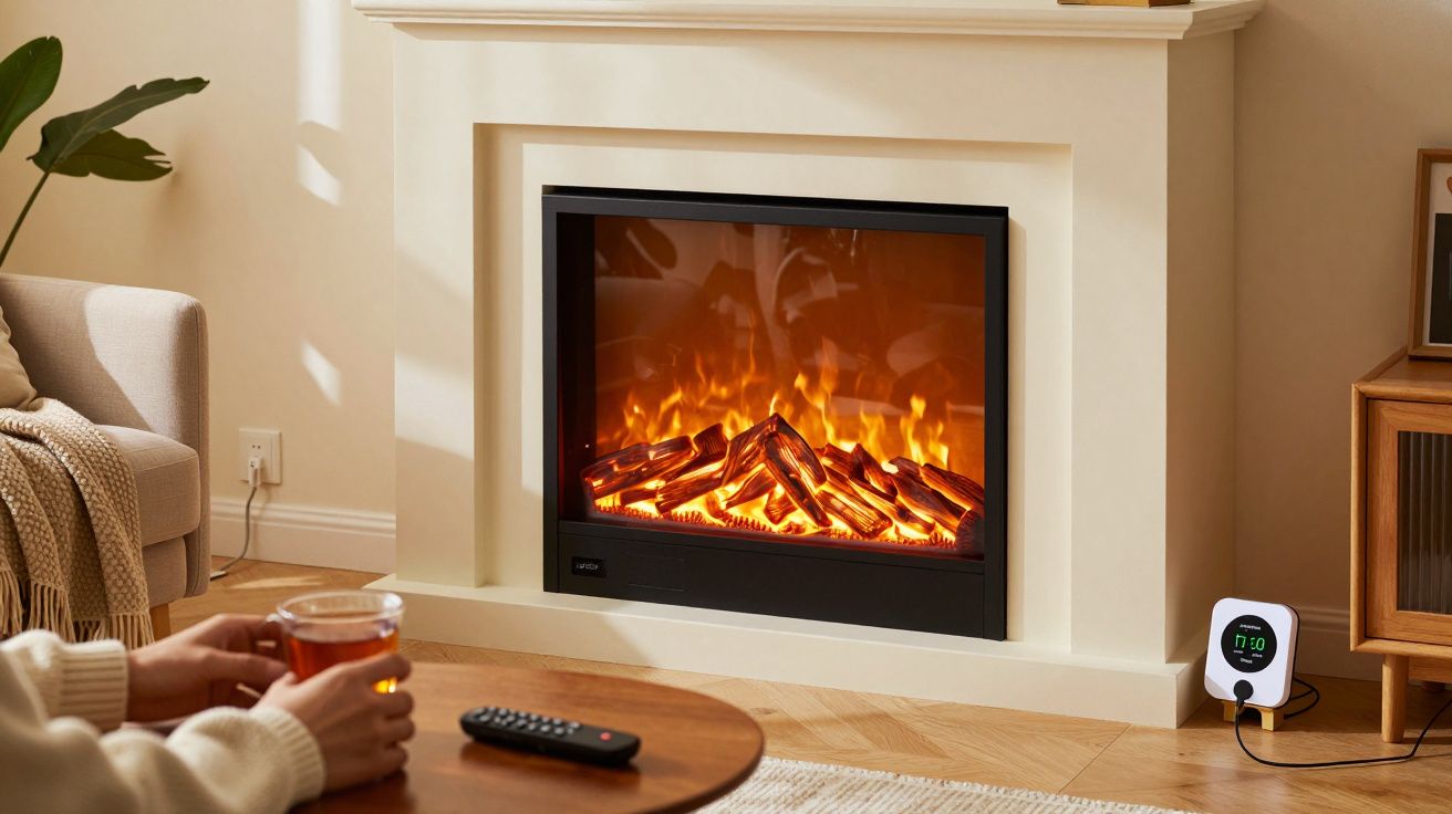 Șemineu electric cu lemne false în flăcări, masă din lemn cu telecomandă și ceai, cameră luminată de soare.