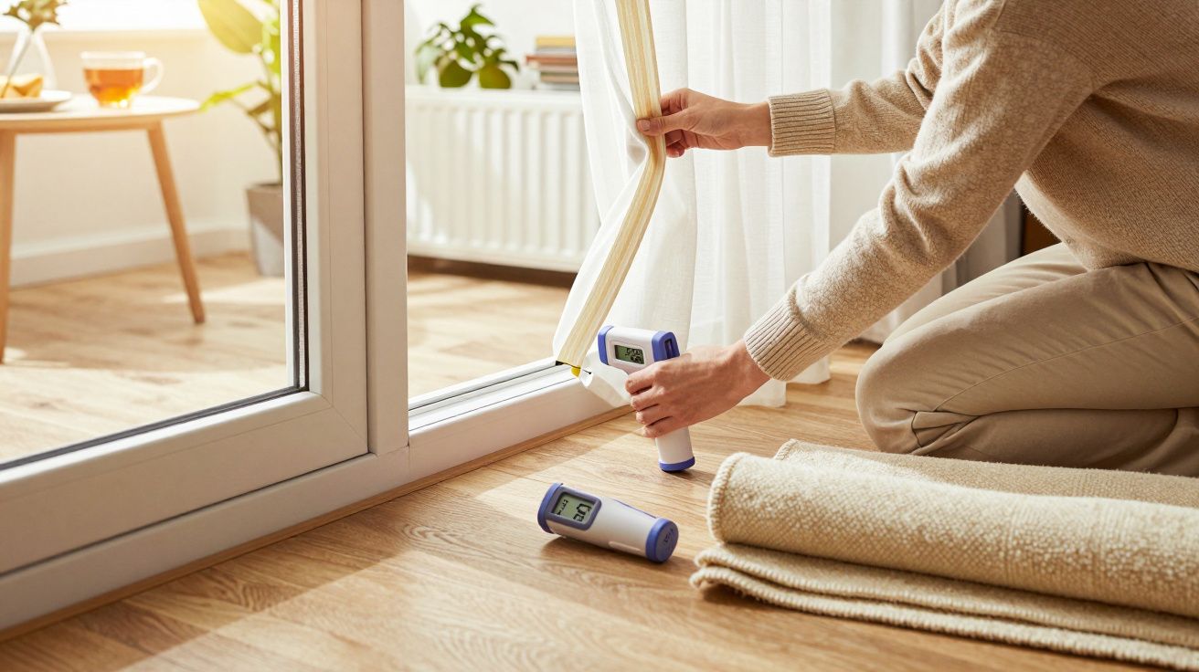Persoană măsurând temperatura la o fereastră cu un termometru, înconjurată de covoare și plante de interior.