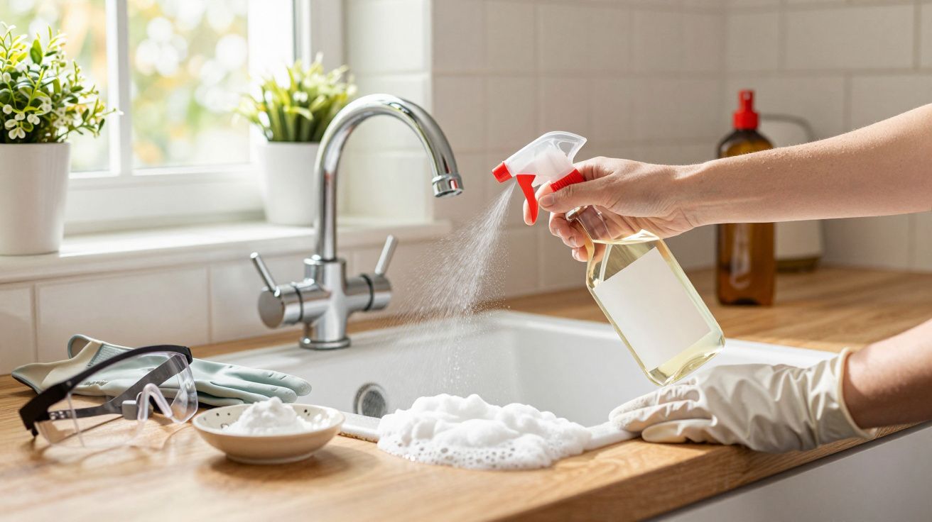 Mână cu mănușă pulverizează detergent pe blatul de lângă chiuvetă, alături de plante și ochelari de protecție.