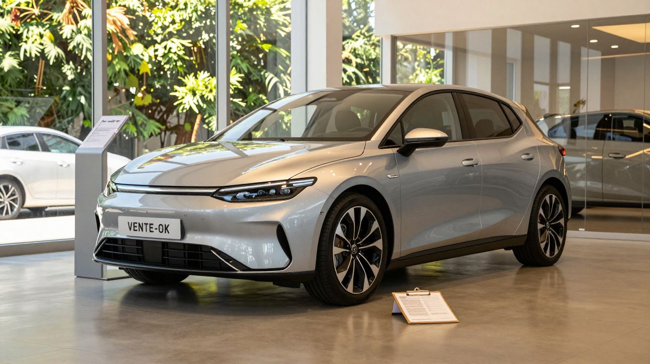 Mașină electrică gri expusă într-un showroom auto modern, cu vegetație vizibilă în exterior prin ferestre.