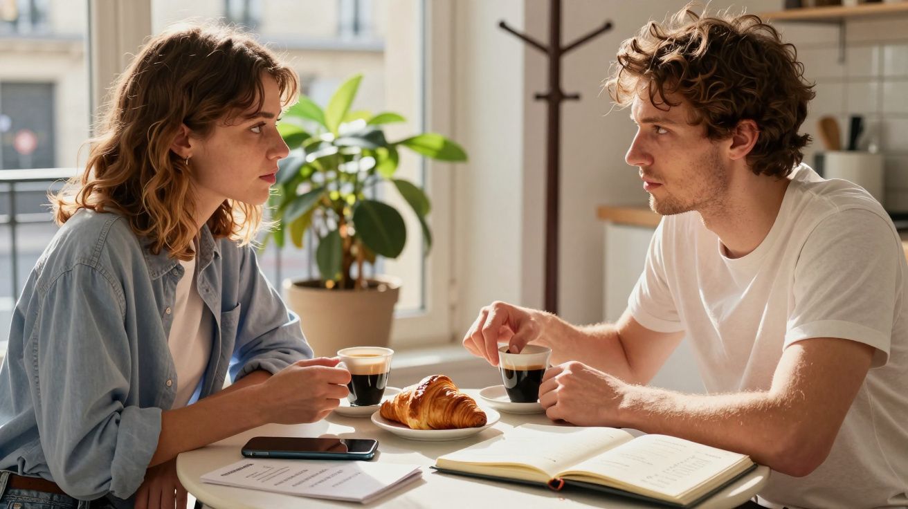Un bărbat și o femeie discută la o masă, având cafea și croissante, într-o bucătărie luminoasă.
