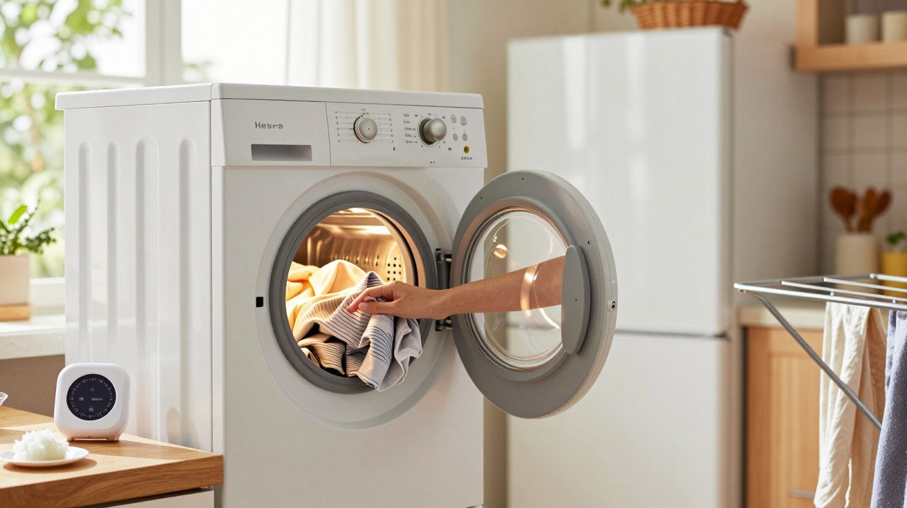 O mână scoate haine dintr-o mașină de spălat cu ușa deschisă într-o bucătărie luminoasă.