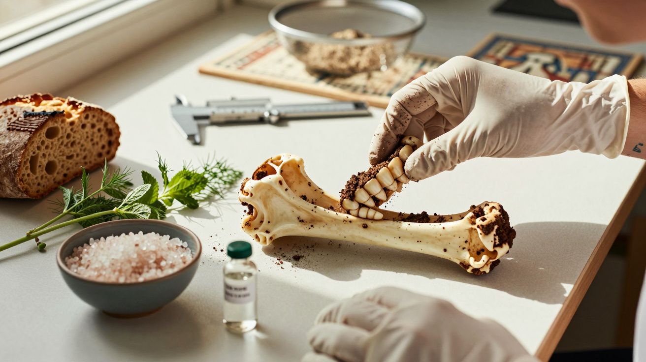 Cercetător examinează un os în laborator, cu ierburi, pâine, sare și un caliper pe masă.