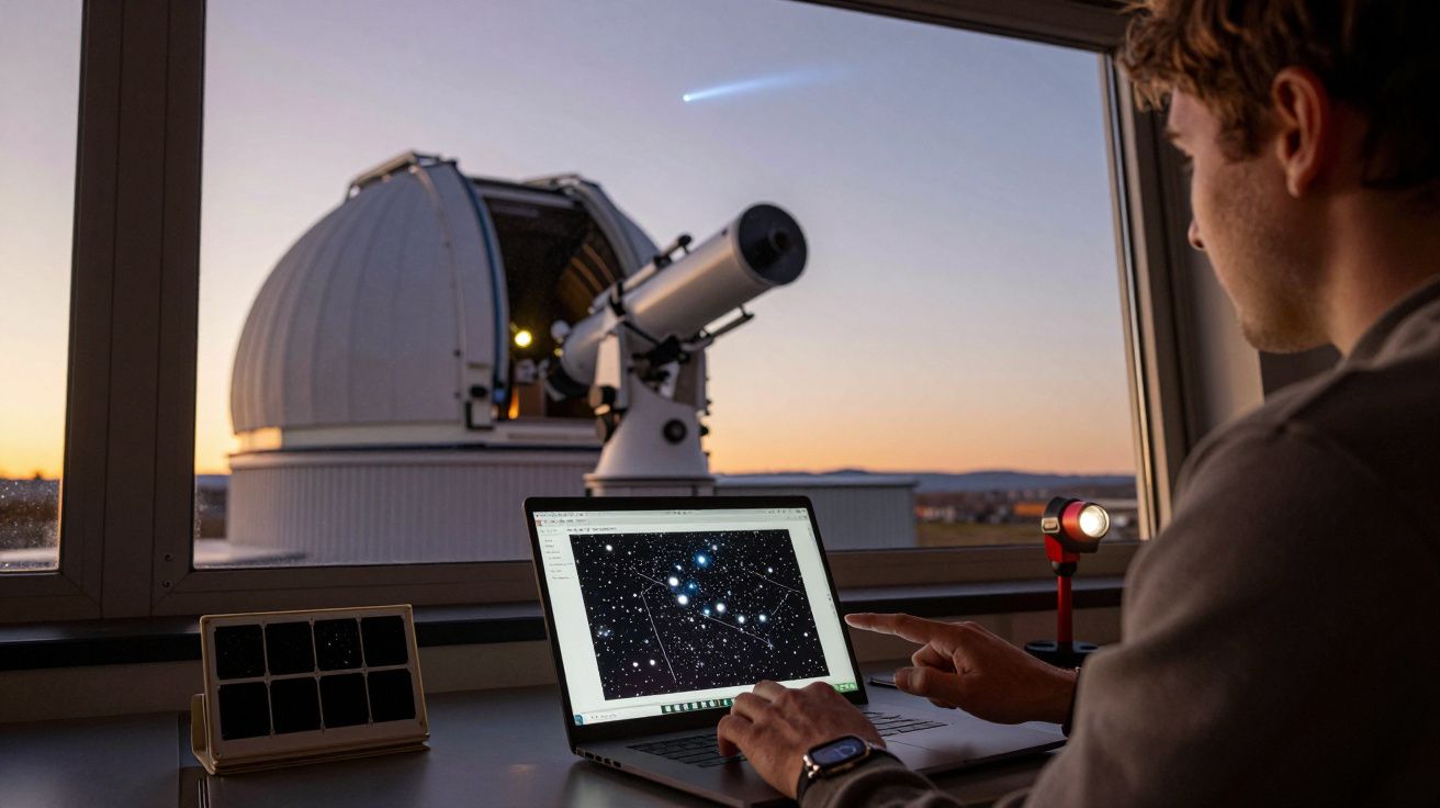 Un bărbat analizează o hartă stelară pe laptop într-un observator astronomic cu telescop și cometă pe cer.