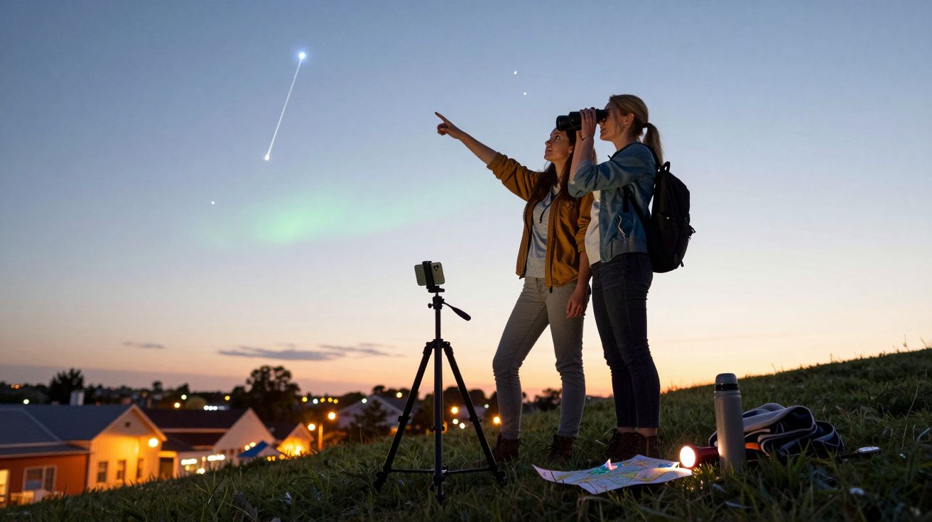 Două persoane pe un deal la apus, observând cerul cu un telescop și un binoclu; una indică cu degetul o stea.