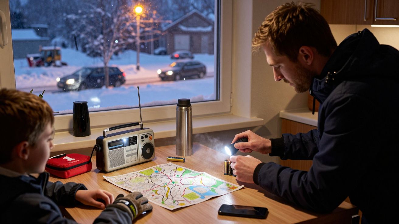 Băiat și bărbat examinând o hartă pe masă; echipament radio și termostat lângă fereastră cu peisaj de iarnă afară.