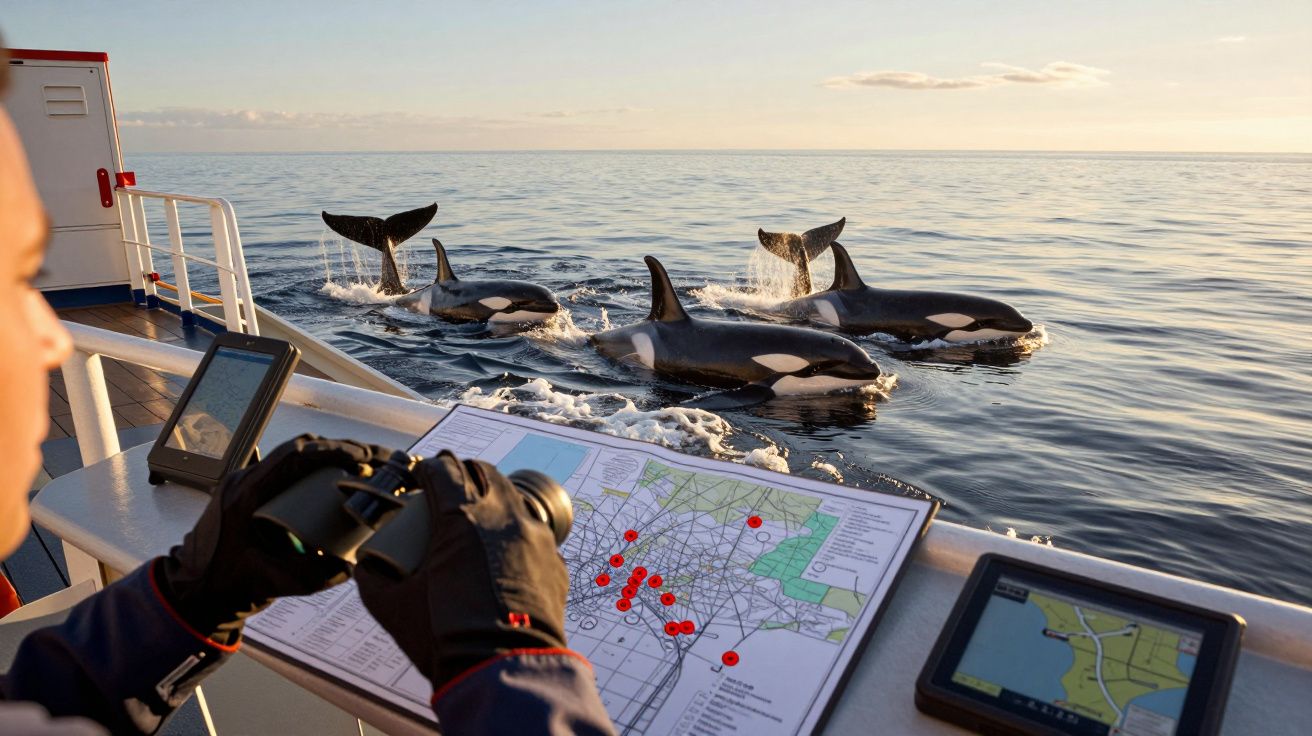 Persoană observând un grup de orci dintr-o barcă, cu o hartă și un binoclu pe masă, la apus.