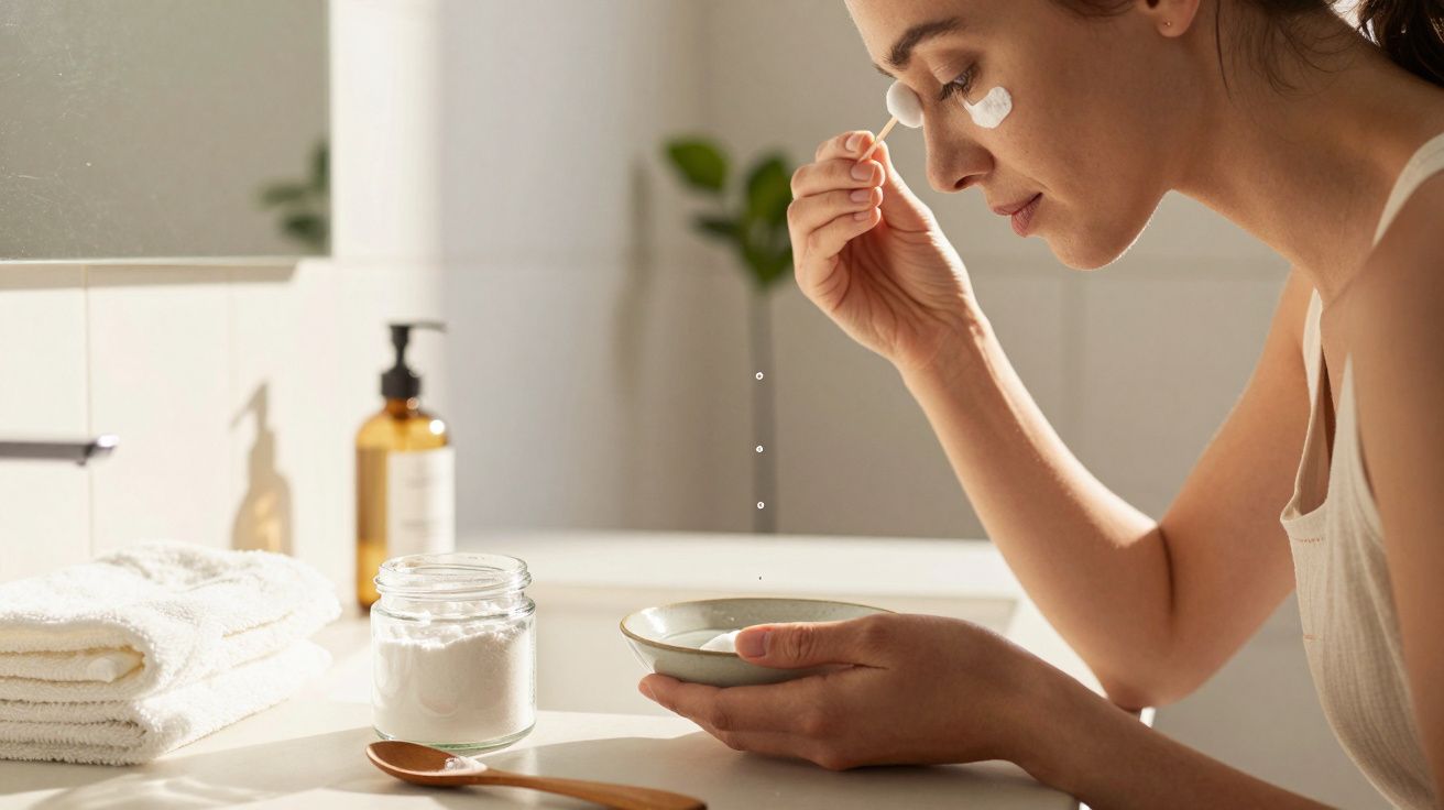 Femeie aplicând cremă sub ochi, stând la o masă de baie cu prosoape, borcan și săpun lichid.