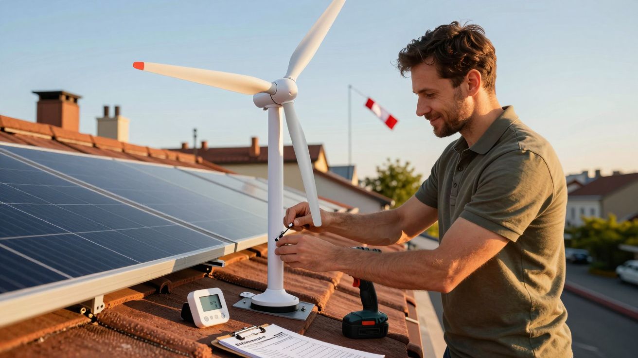 Bărbat instalând echipamente solare și eoliene pe un acoperiș, cu unelte și clipboard, într-un mediu urban.