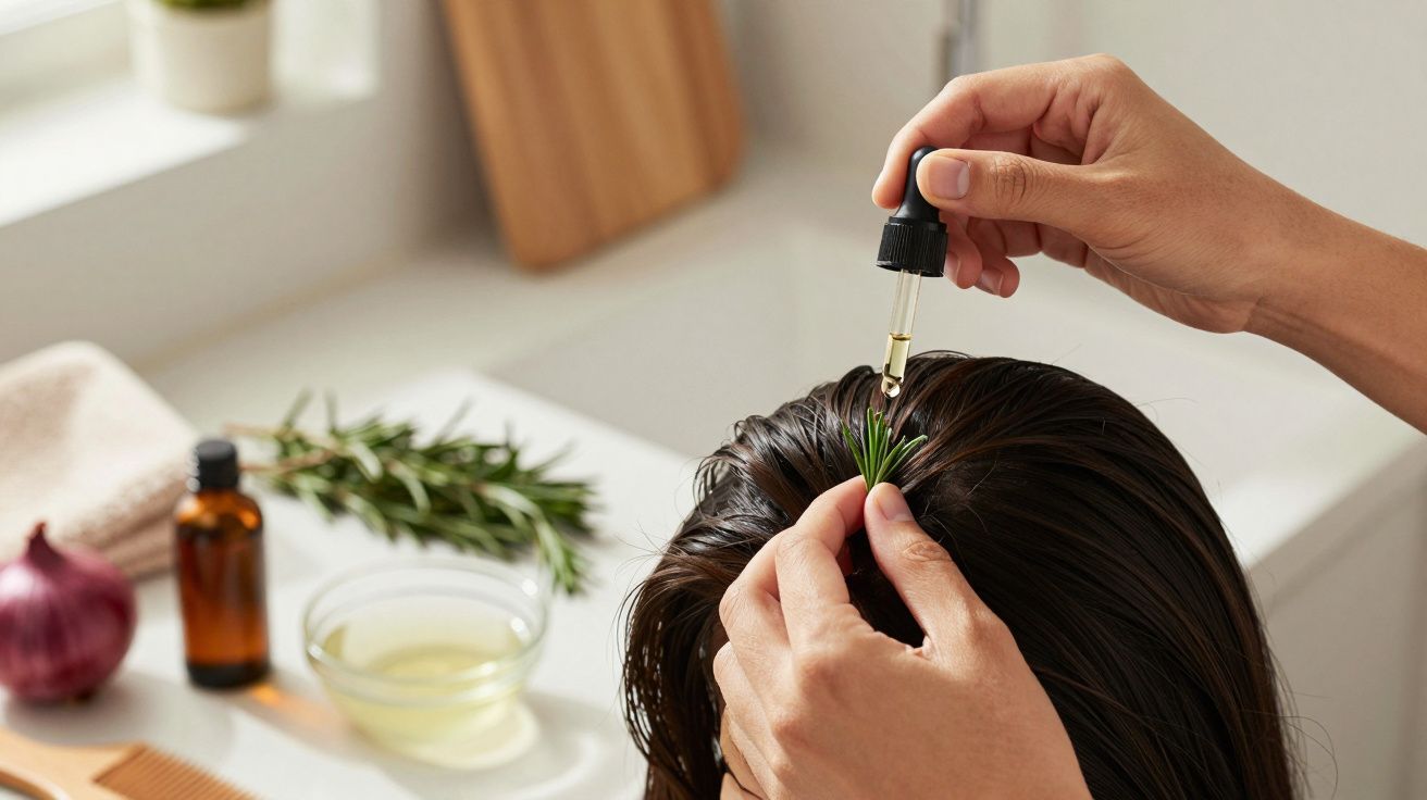 Aplicație de ulei esențial pe scalp, cu rozmarin și ingrediente naturale în fundal.