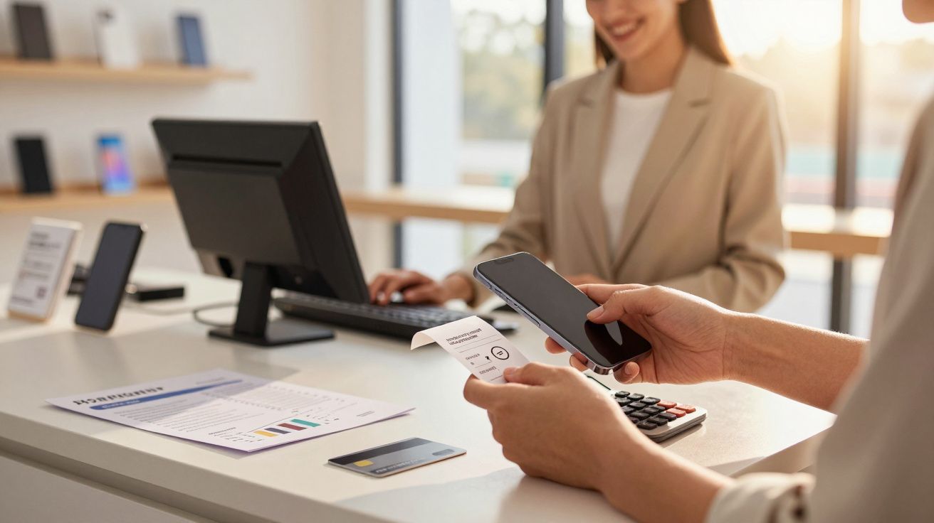 Persoană plătește cu telefonul la un magazin, ținând bonul, în timp ce angajata zâmbește lângă un computer.