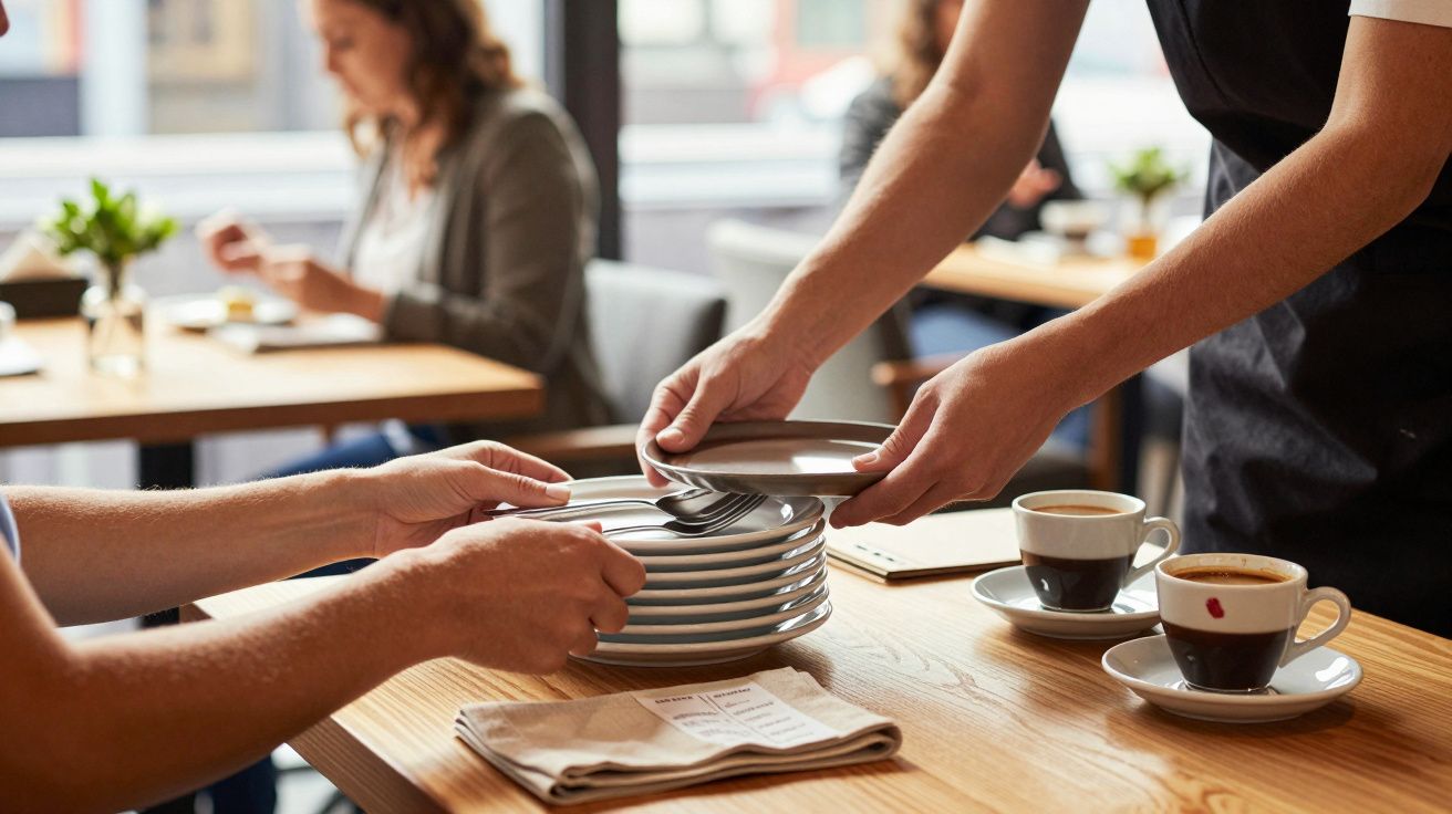 Ospătar servind cafea și farfurii unui client într-un restaurant, cu mese de lemn și oameni în fundal.