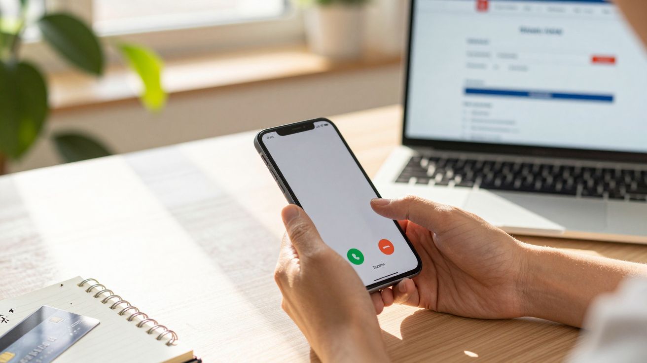 Persoană ținând un smartphone cu apel primitiv, lângă un laptop și un caiet pe un birou lângă o fereastră.