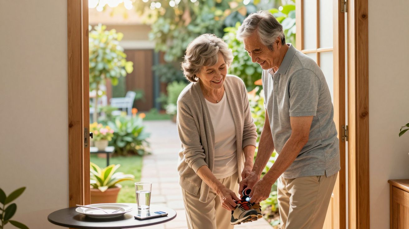 Cuplu de vârstnici zâmbind, aranjează un pantof în pragul unei uși, într-un cadru exterior plin de verdeață.