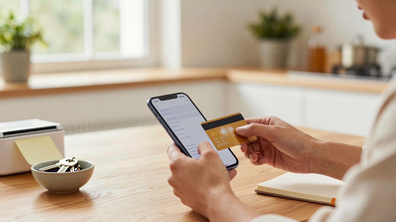 Persoană folosind un smartphone și un card bancar la o masă de lemn; bol cu chei în fundal.