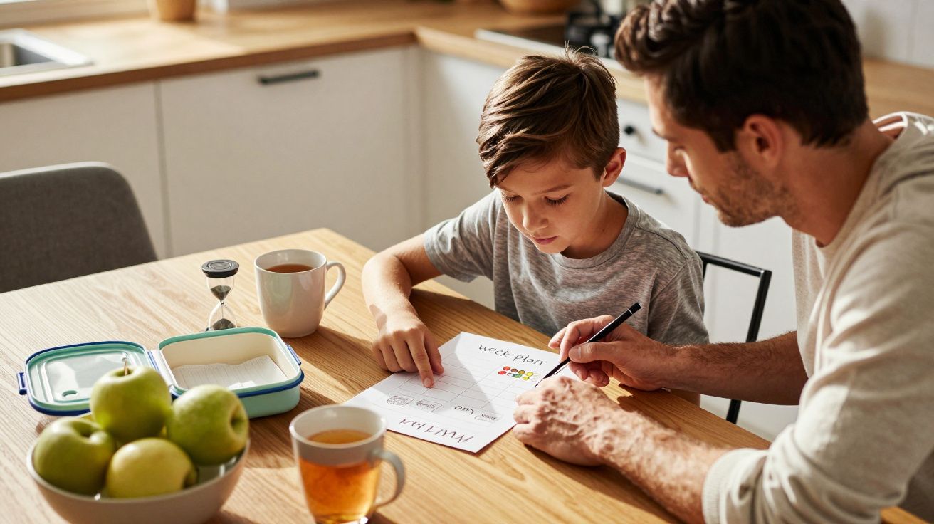 Un băiat și un bărbat planificând activități la o masă din bucătărie, înconjurați de fructe și căni.