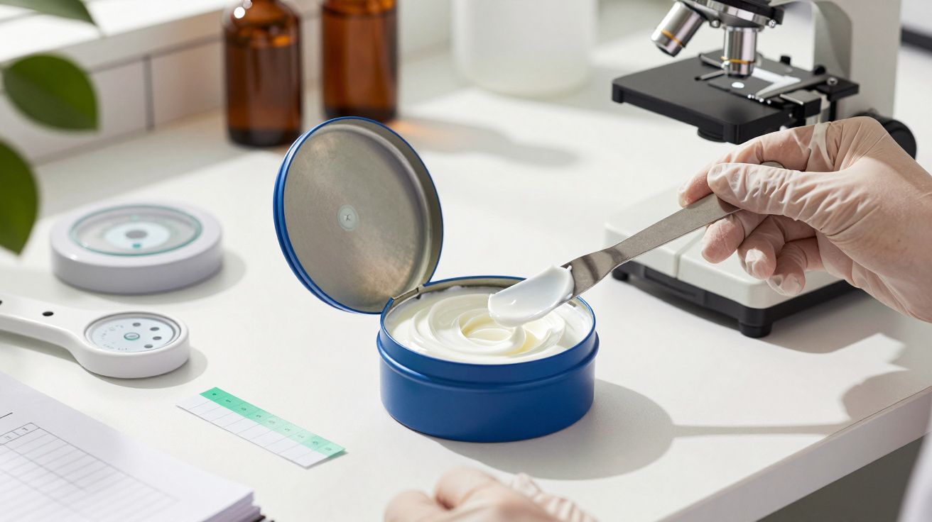 Crema analizată în laborator, lângă un microscop și instrumente de măsurare pe un birou alb.