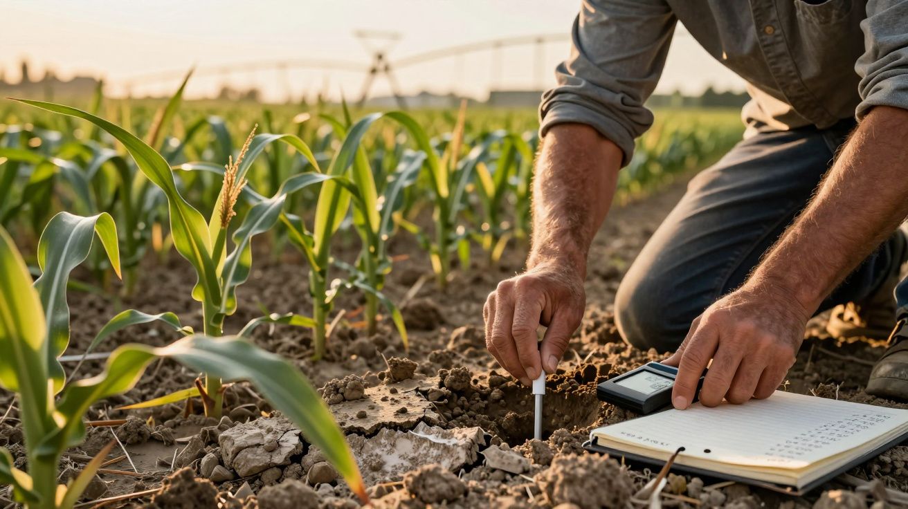 Bărbat verificând solul într-un câmp de porumb, folosind un dispozitiv și un caiet pentru observații.