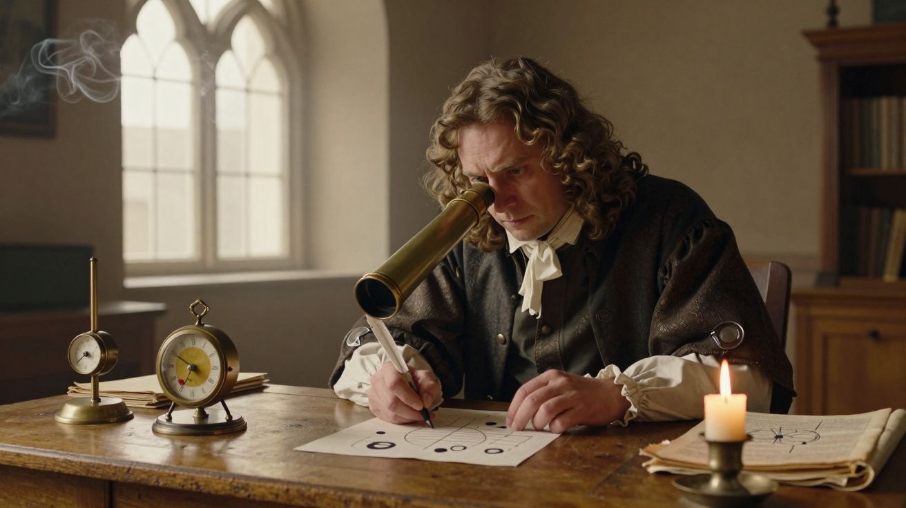 Bărbat la birou, privind printr-un telescop mic și desenând diagrame, cu lumânare și ceas pe masă.