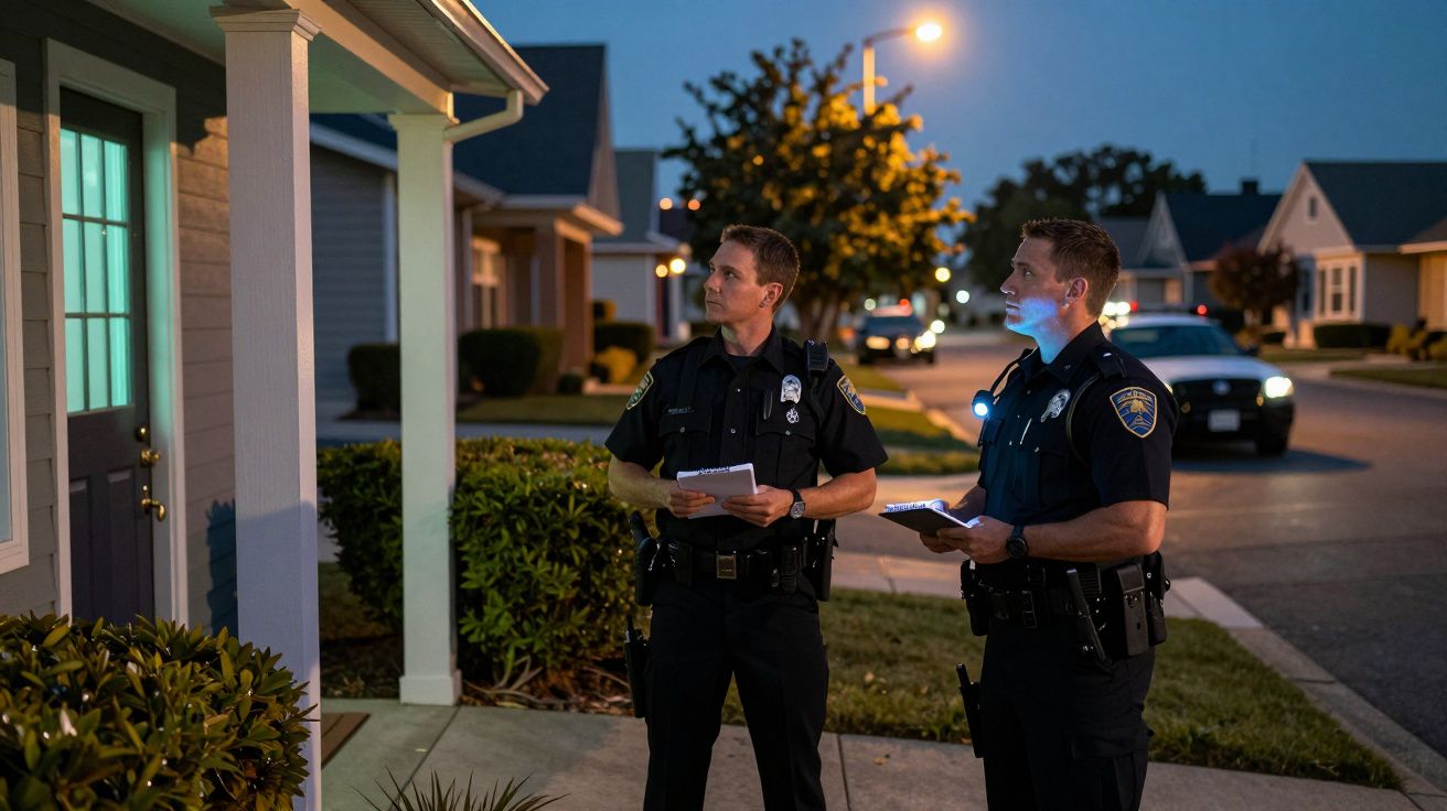 Doi polițiști în uniformă investighează în fața unei case la amurg, ținând caiete și privindu-se între ei.