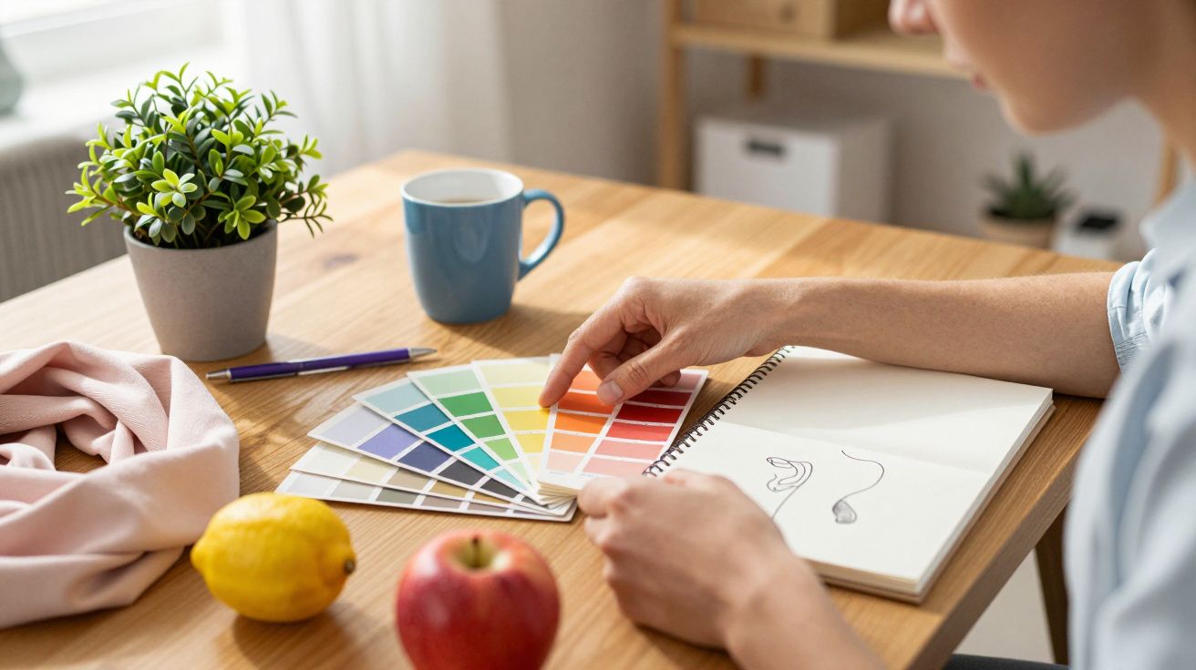 Persoană consultând mostre de culori pe o masă de lemn, lângă o plantă, o cană albastră și fructe.