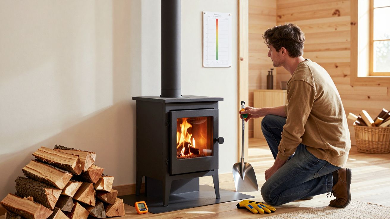 Bărbat îngenuncheat lângă sobă de lemne aprinsă, cu lemne tăiate și uneltele necesare în jur.