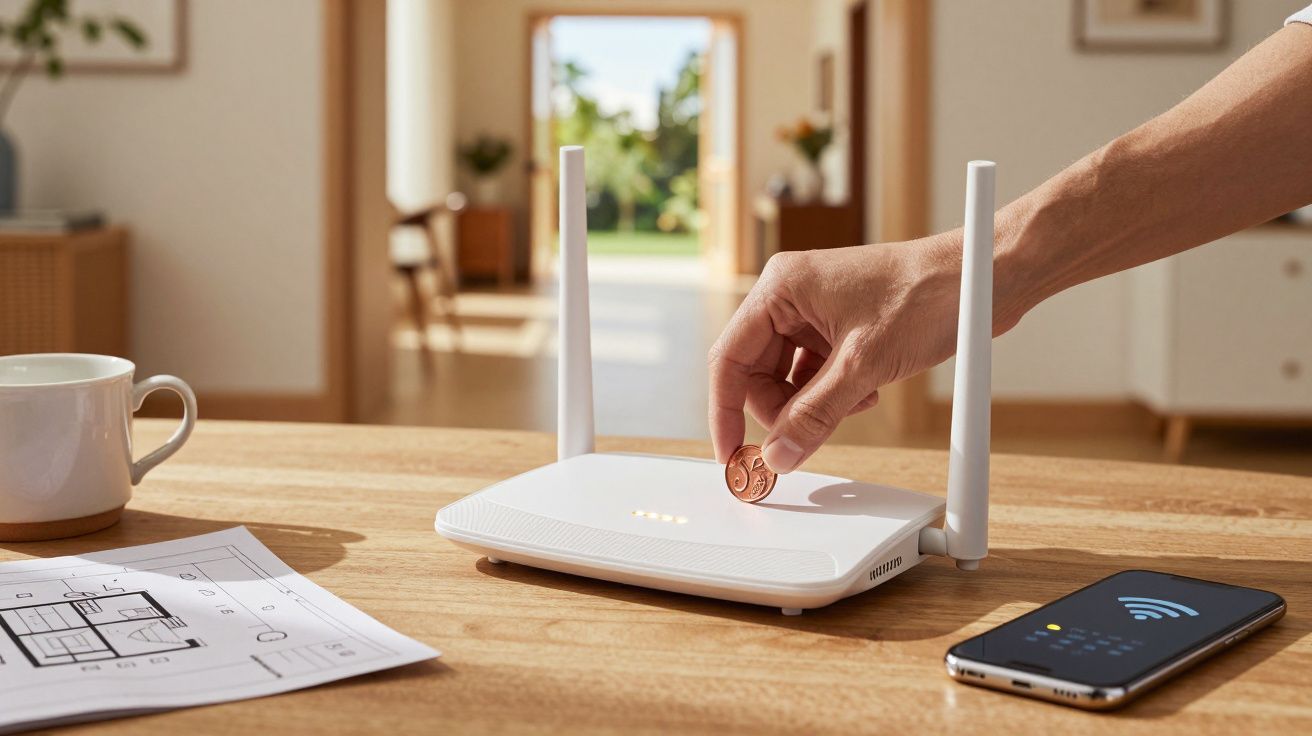 Mână introduce o monedă într-un router wireless pe o masă, alături de un telefon, schiță și ceașcă de cafea.