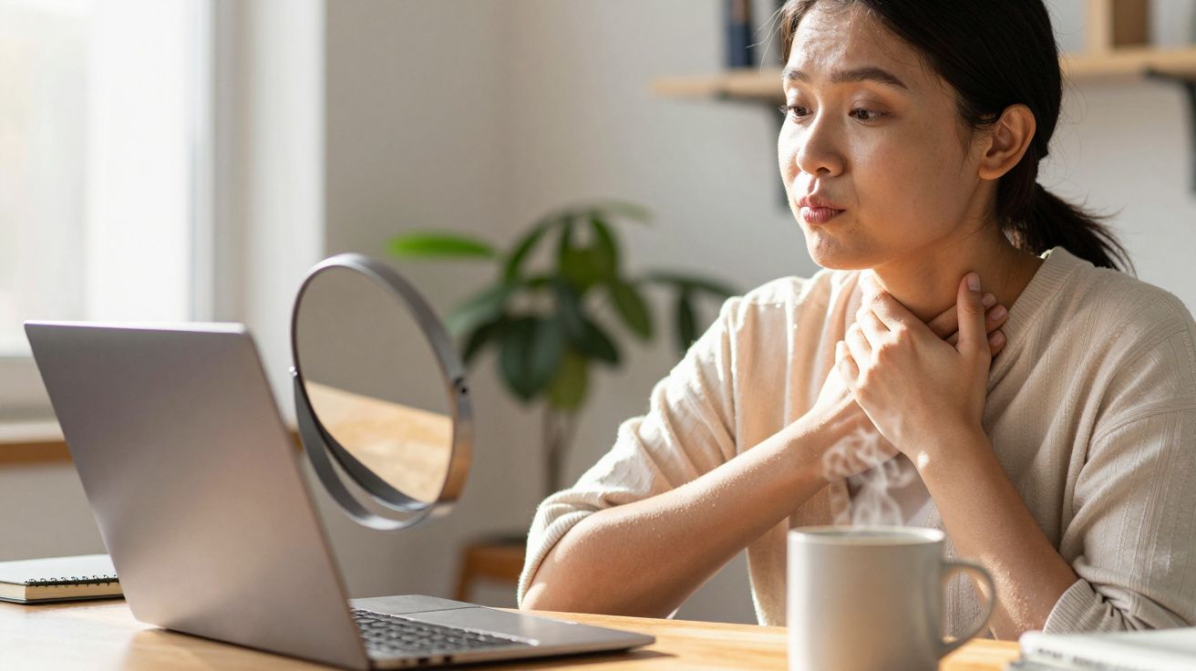 Femeie stând la un birou, cu mâinile la gât, uitându-se la un laptop; pe masă se află o ceașcă.