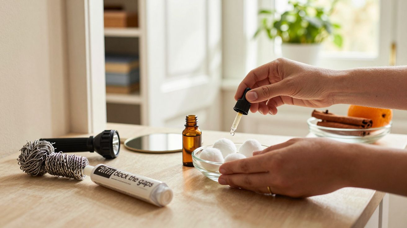 Mâini picurând lichid dintr-o pipetă peste bile de vată într-un bol; alături, un tub și o bilă metalică.