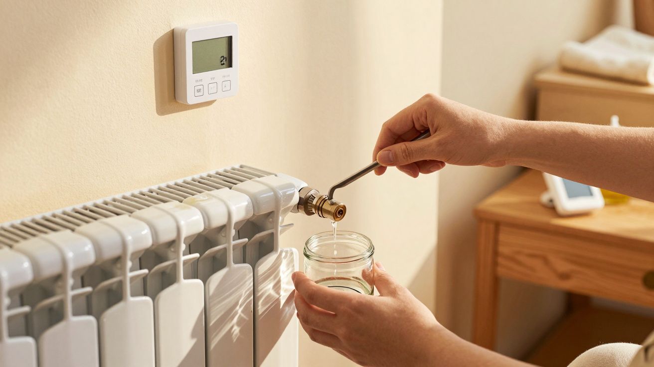 Om eliberează aerul dintr-un radiator cu o cheie, pe perete este un termostat.