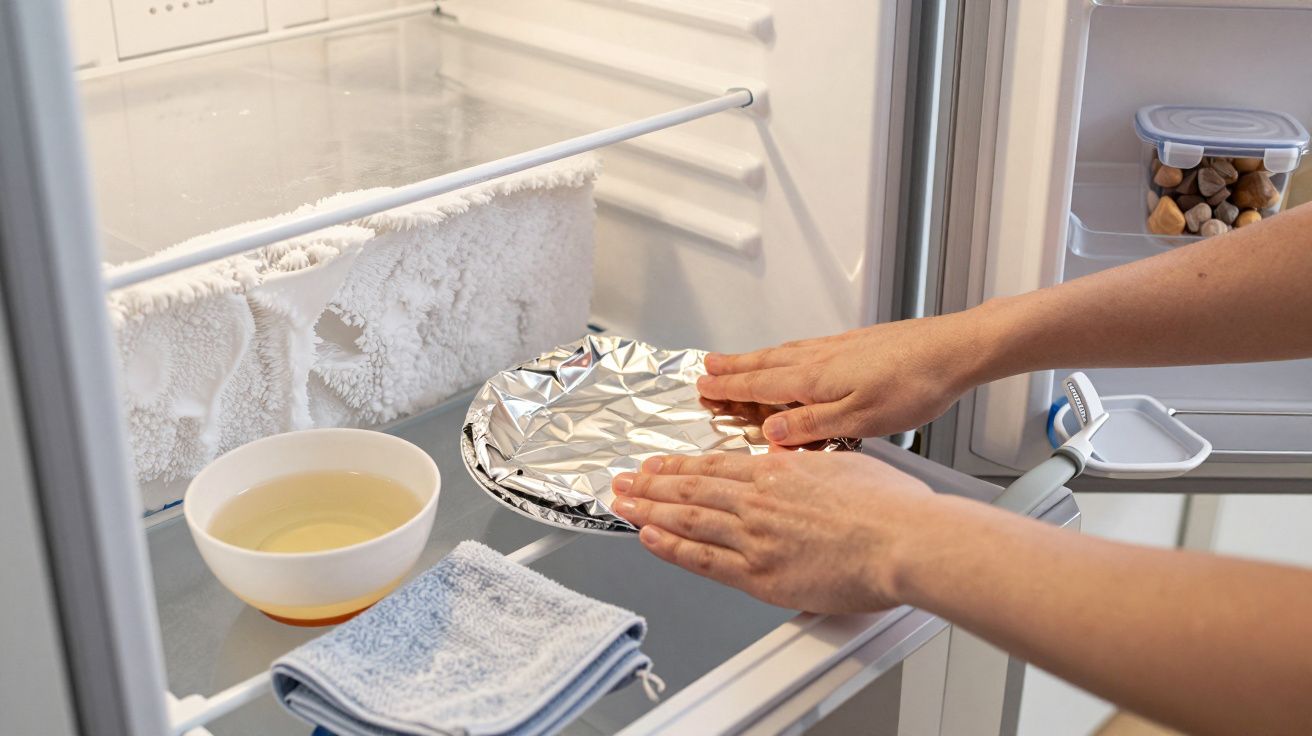 Mâini așezând o farfurie acoperită cu folie de aluminiu într-un congelator cu ghețuri, lângă un bol și o lavetă.