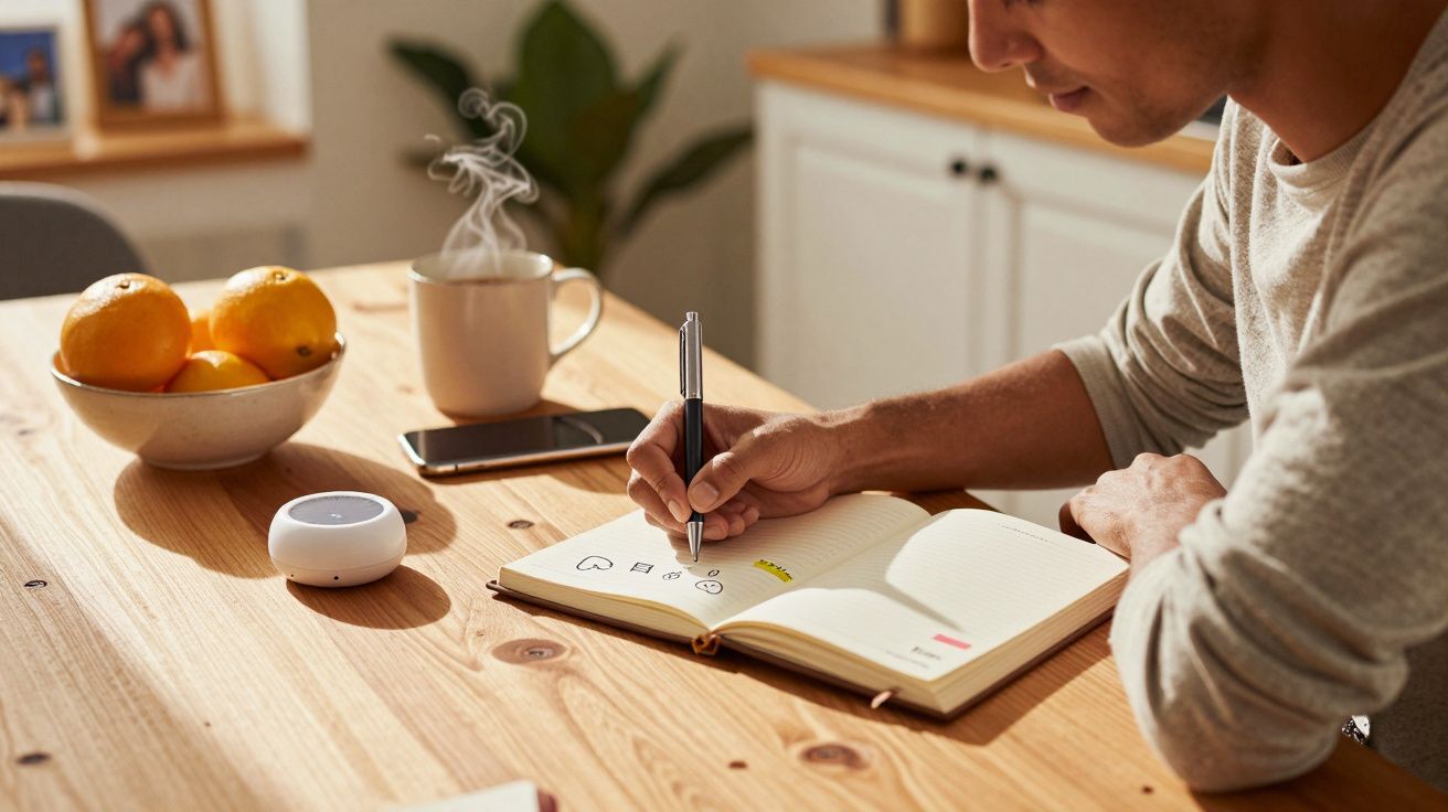 Persoană scriind într-un caiet la masă, cu o cană de cafea, telefon și lămâi alături, în lumina soarelui.