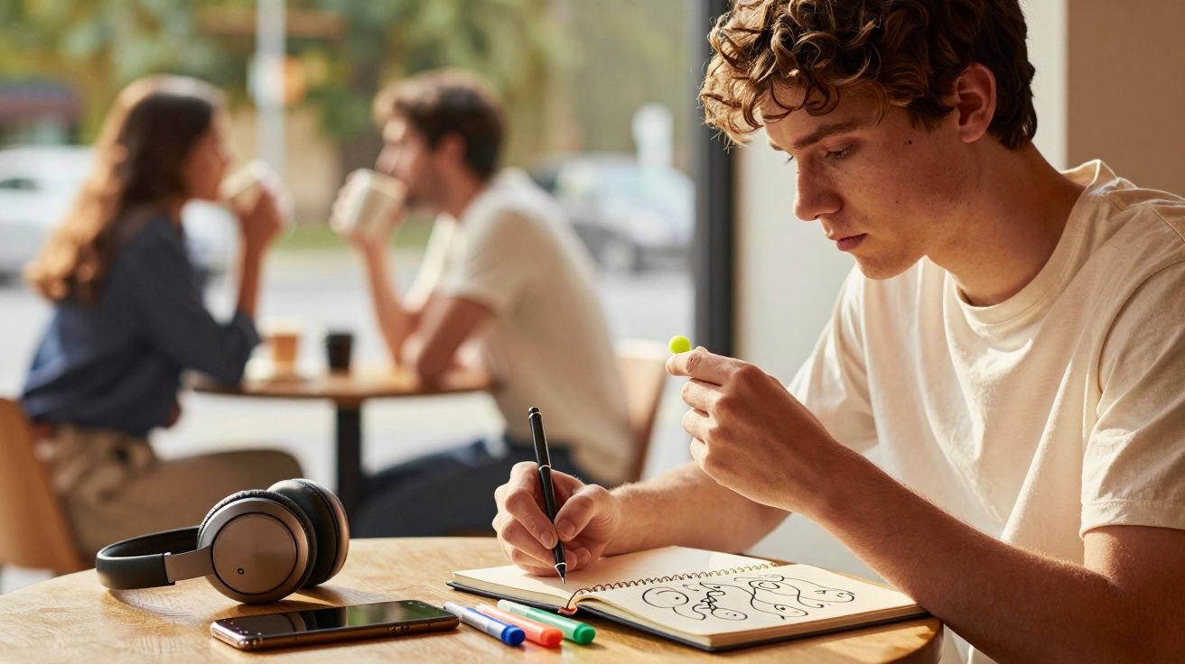 Tânăr desenând la o masă de cafenea, cu căști, telefon și markere colorate lângă. Două persoane discută în fundal.