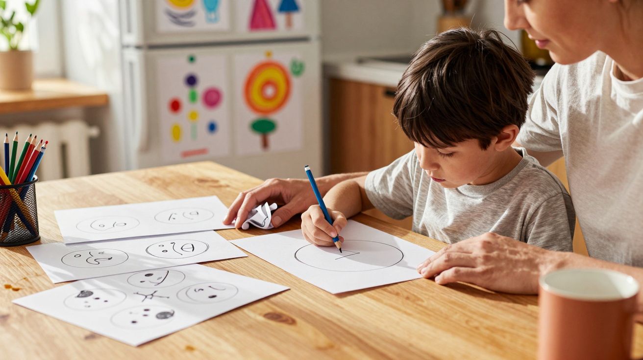 Băiat desenând fețe pe hârtie, asistat de un adult, la o masă cu creioane colorate și foi colorate pe frigider.