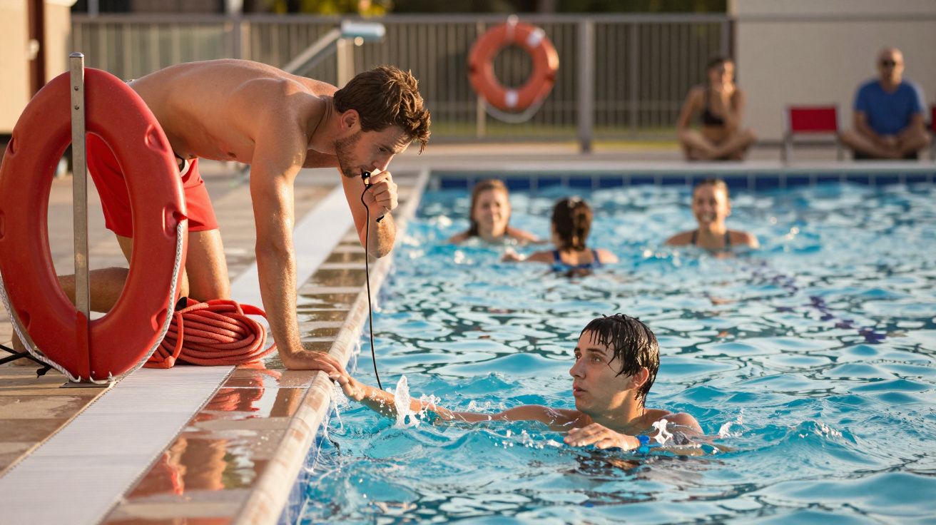 Salvamar comunicând cu un înotător în piscină, înconjurat de persoane care se relaxează în apă.