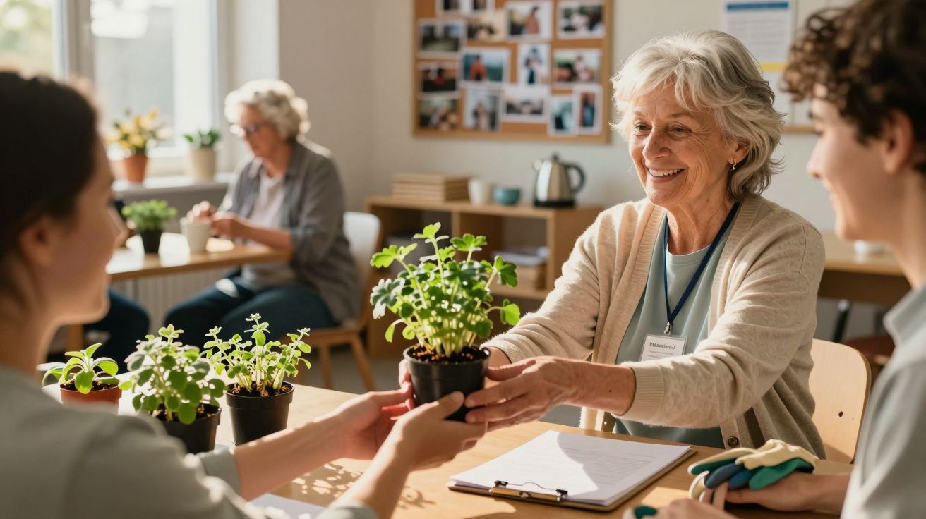 O femeie în vârstă zâmbește în timp ce oferă o plantă colegilor săi într-o sală luminoasă.