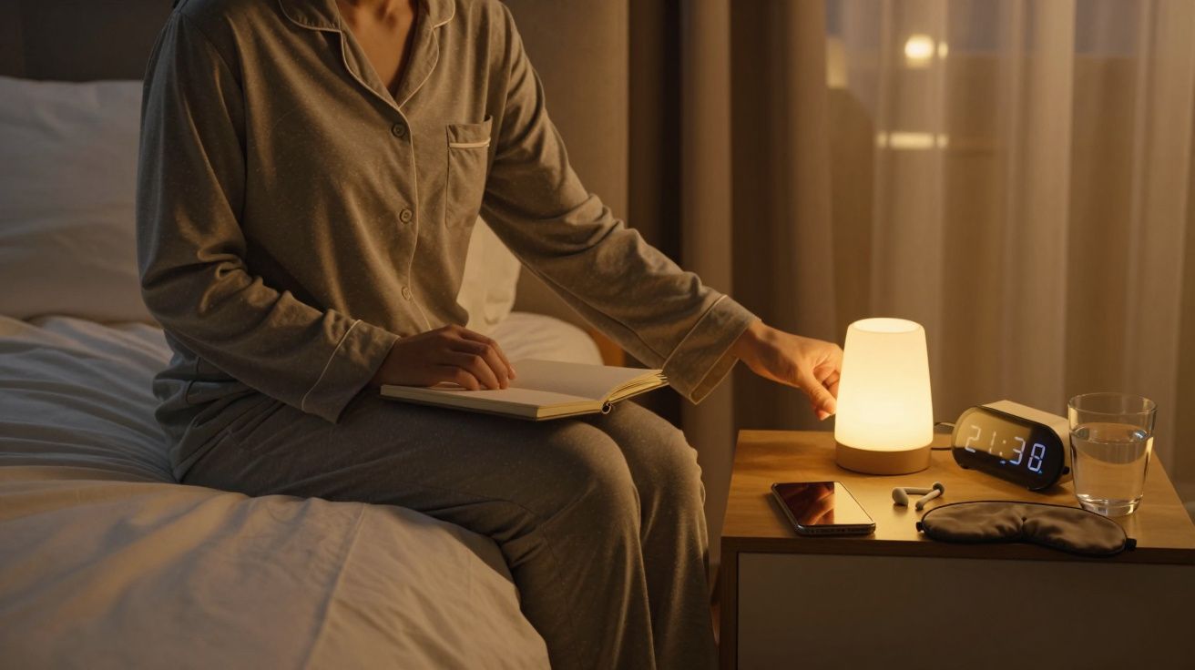 Persoană în pijamale, citind o carte pe pat, atinge o lampă pe noptieră cu un ceas, smartphone și un pahar cu apă.