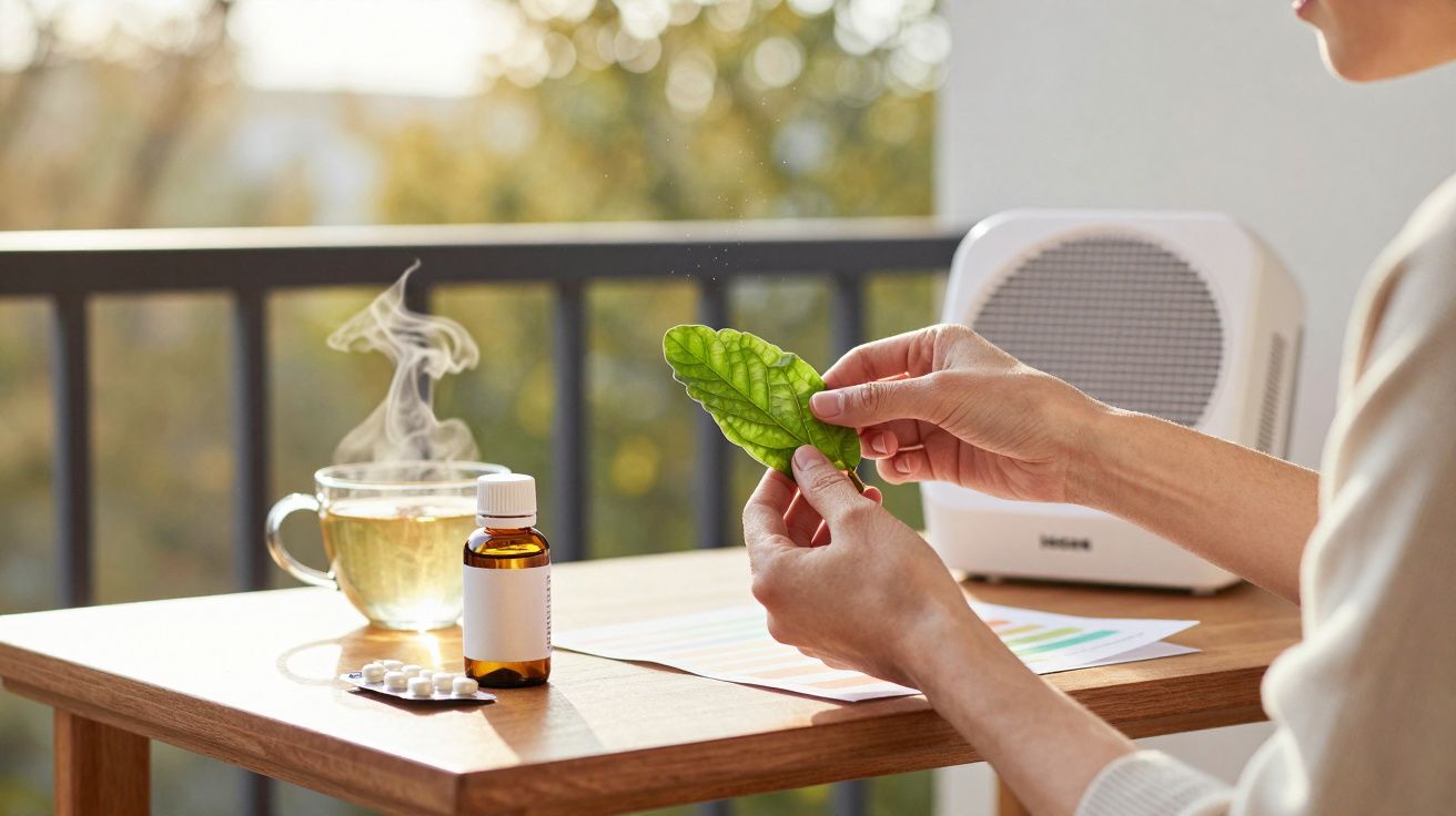 Persoană ținând o frunză la o masă cu ceai, suplimente și un difuzor în fundal, pe o terasă însorită.