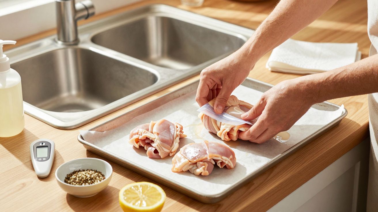 Persoană pregătind pui pe o tavă, alături de lămâie și condimente, lângă chiuvetă. Termometru și săpun vizibile.
