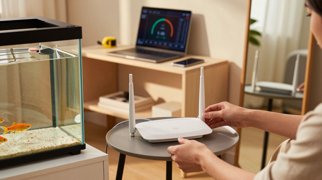 Persoană aranjând un router Wi-Fi pe o masă, lângă un acvariu, cu un laptop pe birou în fundal.