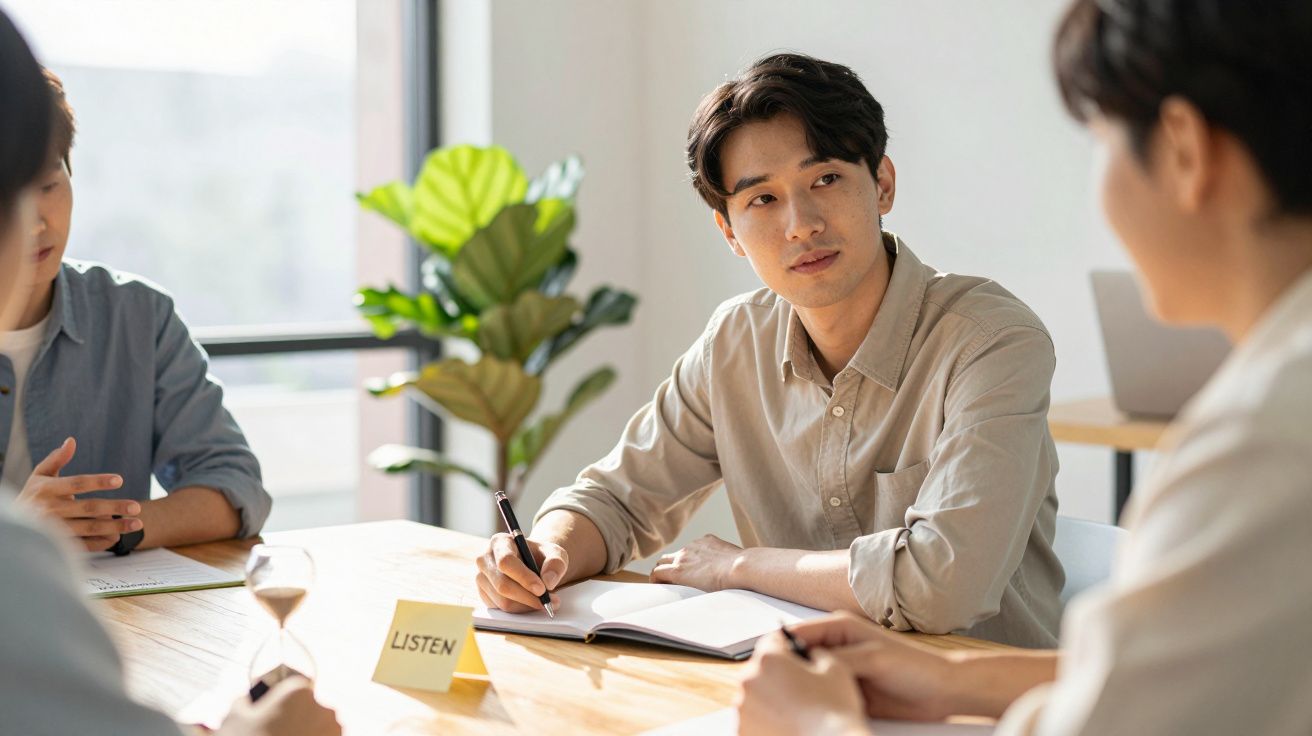 Un bărbat la o masă de ședință, ascultând atent ceilalți participanți, cu un carnet și un pix în mână.