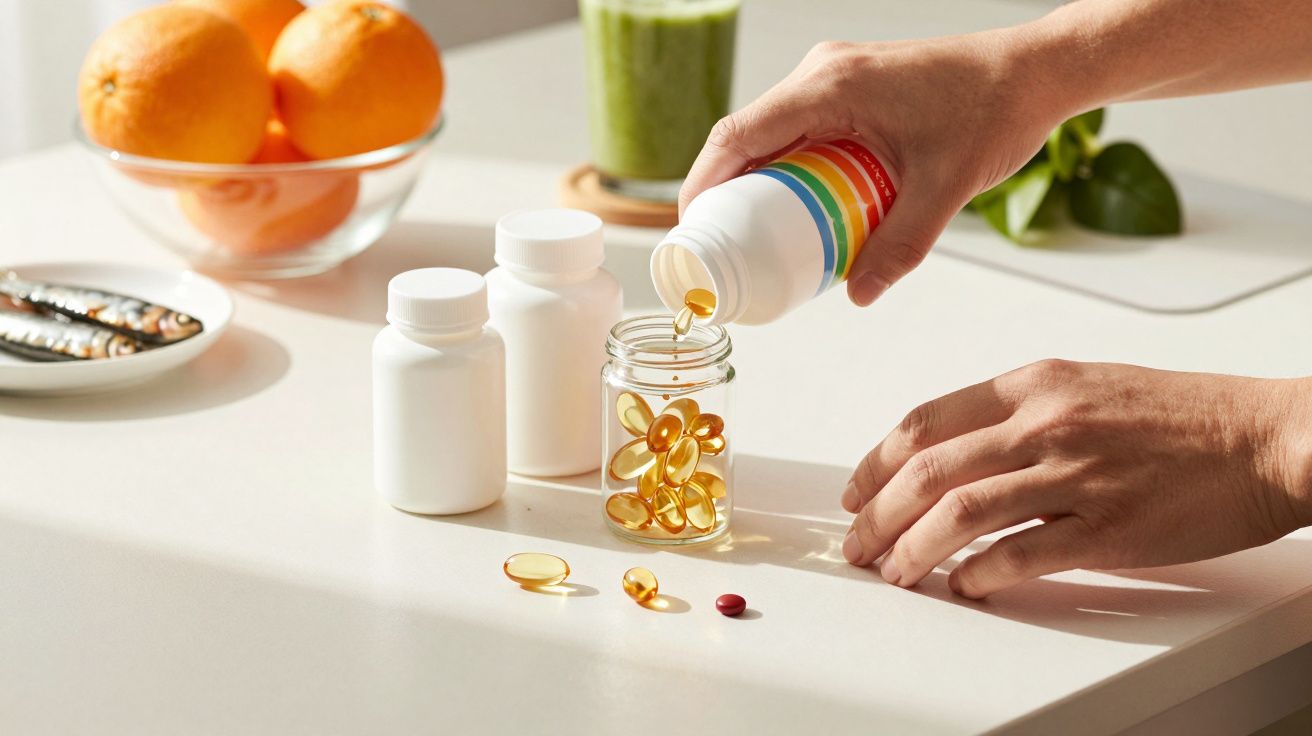Mâini turnând suplimente dintr-o sticlă pe o masă, lângă portocale și o băutură verde.
