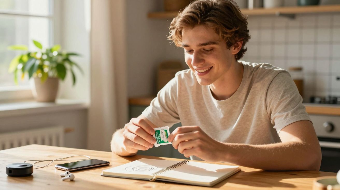 Tânăr zâmbind la o masă, ținând un plic, cu un caiet deschis și căști alături, într-o bucătărie luminoasă.