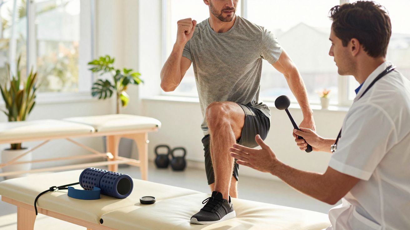 Terapeut discută cu un bărbat care face exerciții de reabilitare pe un pat de terapie într-un cabinet luminos.