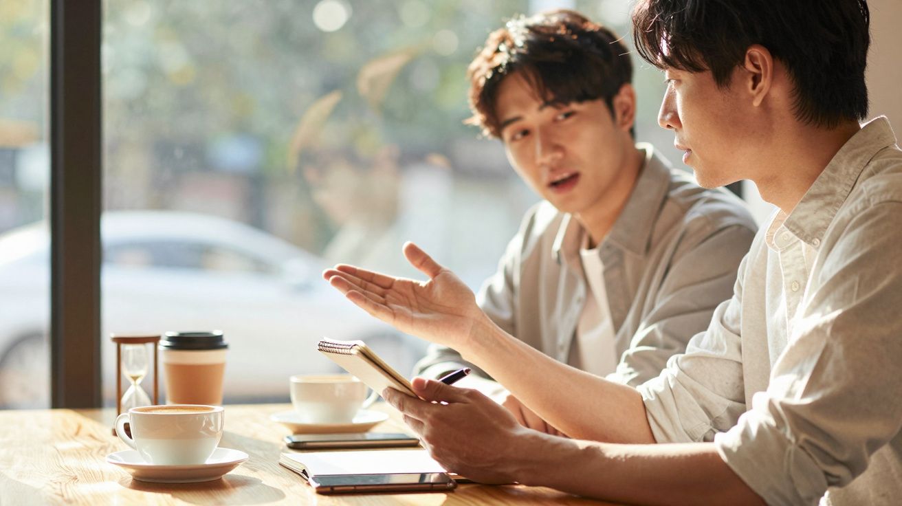 Două persoane discută la o masă în interiorul unui local, lângă ferestre mari. Pe masă sunt cafele și un smartphone.