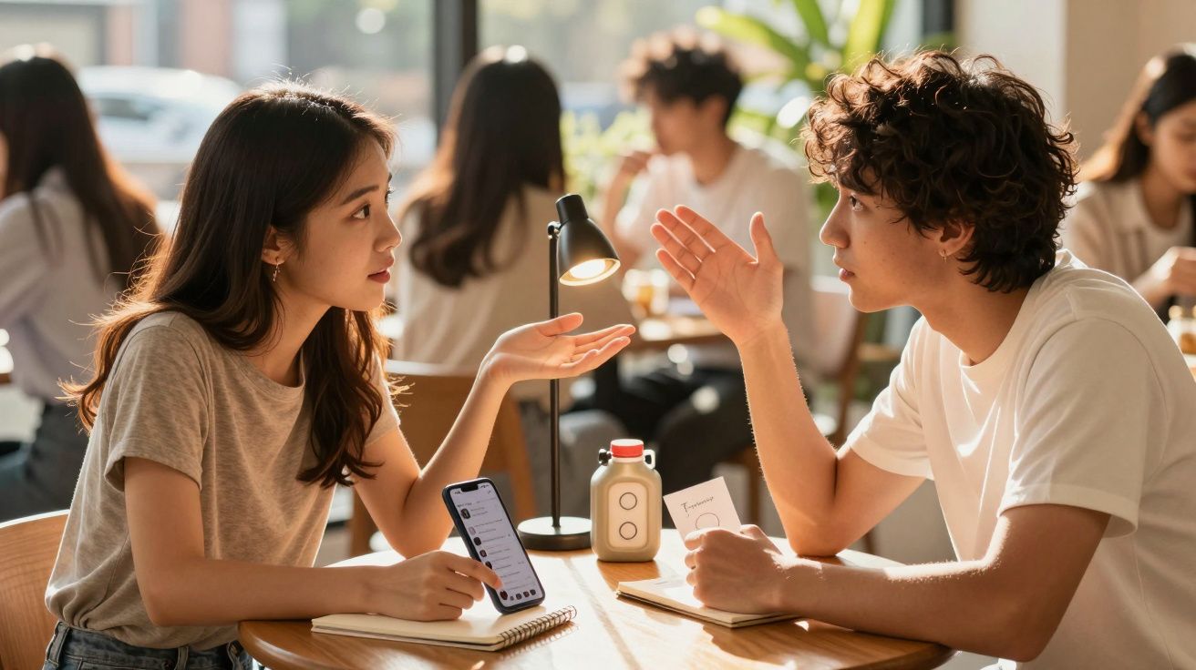 Tânăr și tânără discutând la o cafenea, fețele fiind expresive, cu un telefon și un laptop pe masă.