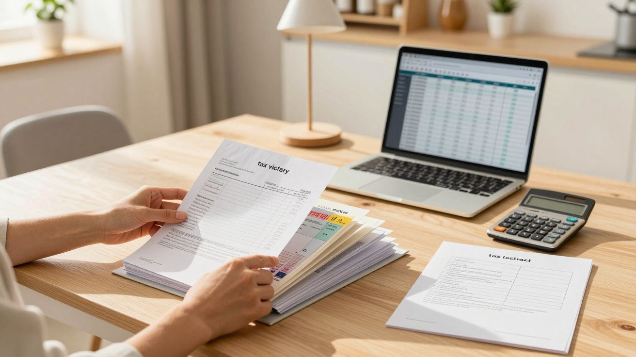 Persoană examinând documente fiscale la birou, cu laptop și calculator pe masă.